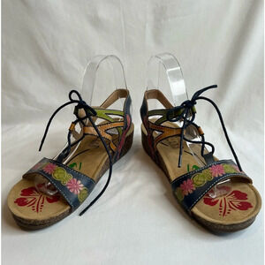 L’Artiste Spring Step Womens Loma Navy Floral Strappy Leather‎ Sandals. Size 8.